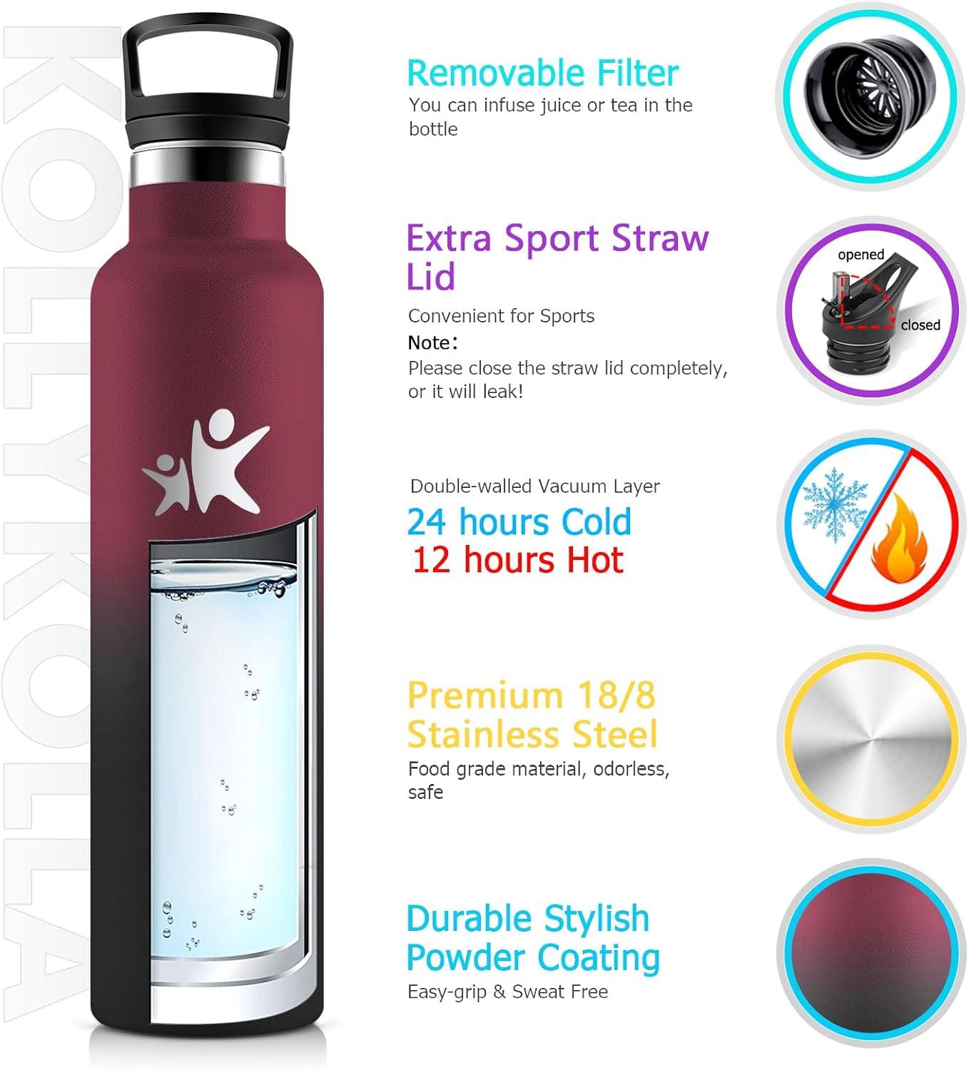 imageKollyKolla Gourde Isotherme 750ml Bouteille Isotherme en Acier Inoxydable Bouteille deau sans BPA Gourde Inox avec Paille Gourde Reutilisable pour lcole Bureau Extrieur Camping YogaKkrouge Fonc Noir
