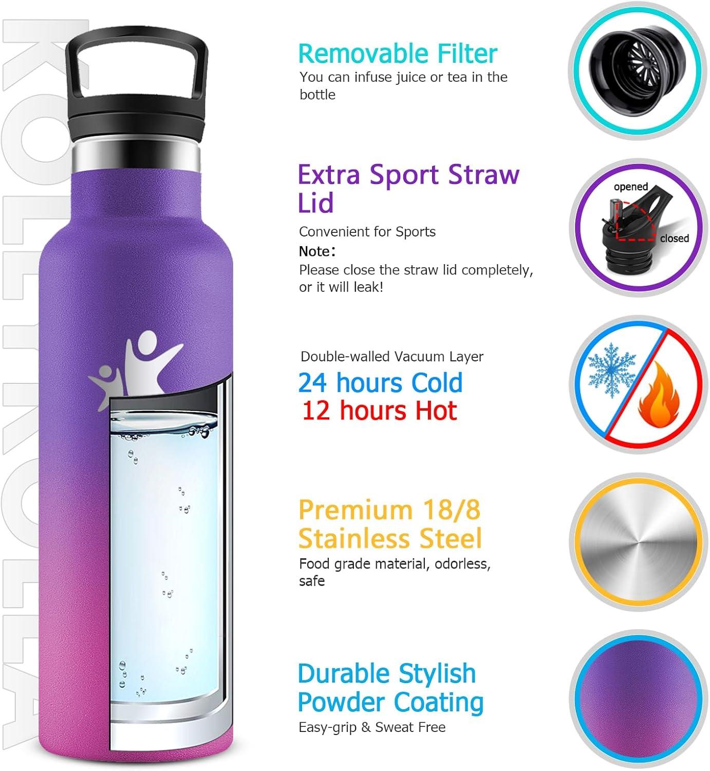imageKollyKolla Gourde Isotherme 750ml Bouteille Isotherme en Acier Inoxydable Bouteille deau sans BPA Gourde Inox avec Paille Gourde Reutilisable pour lcole Bureau Extrieur Camping YogaKkviolet Fonc Rose Barbie