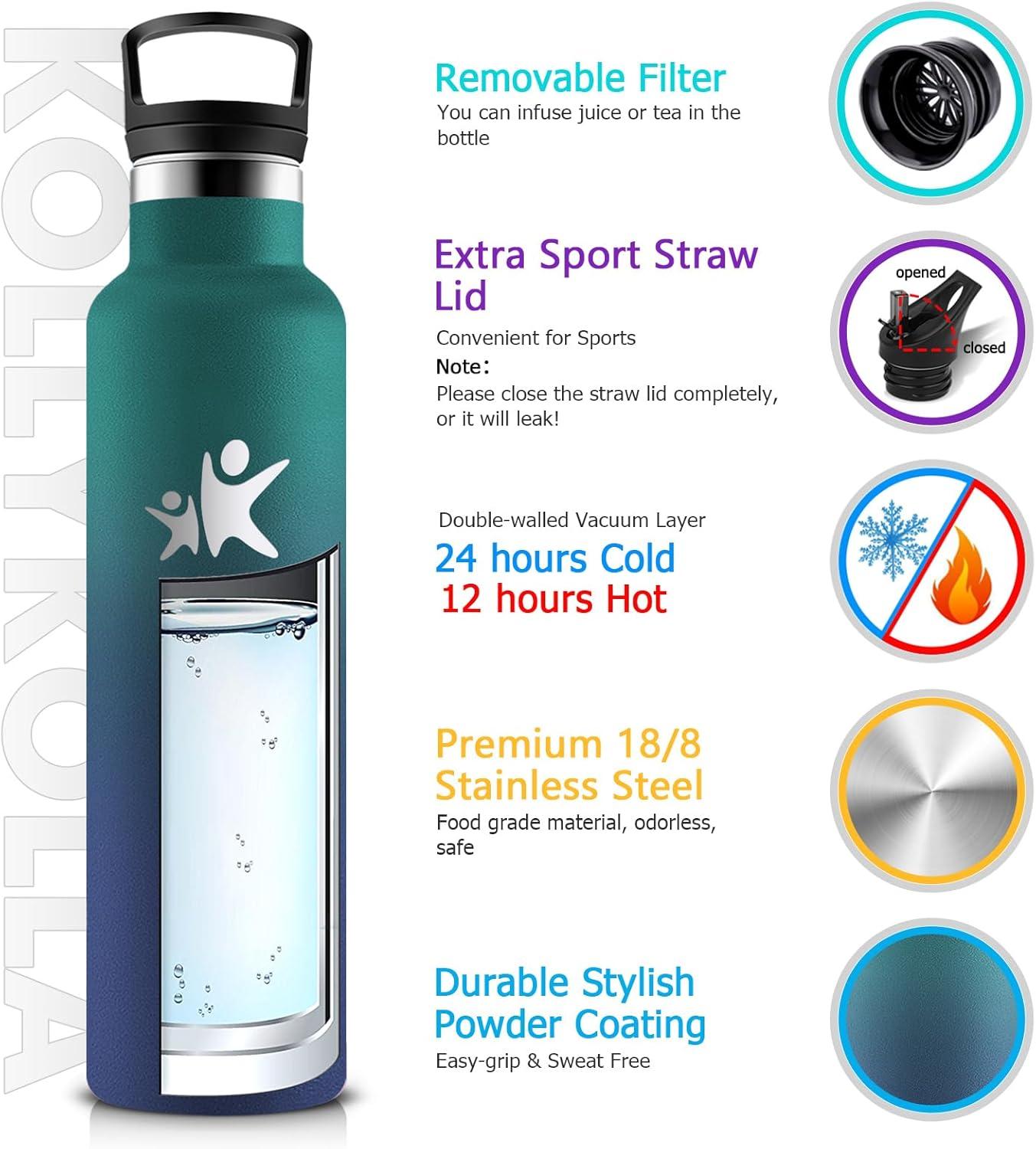 imageKollyKolla Gourde Isotherme 750ml Bouteille Isotherme en Acier Inoxydable Bouteille deau sans BPA Gourde Inox avec Paille Gourde Reutilisable pour lcole Bureau Extrieur Camping YogaKkarme Verte Bleu Fonc