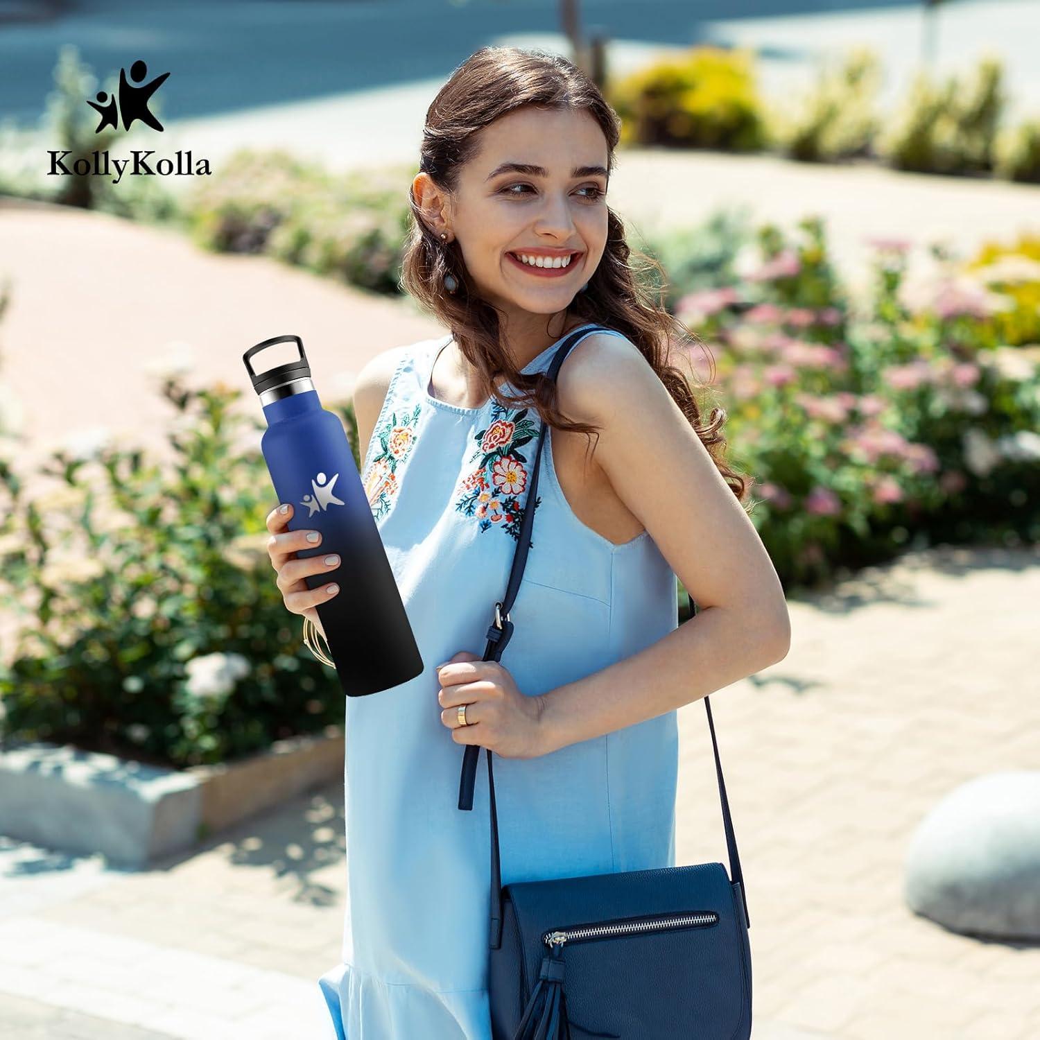 imageKollyKolla Gourde Isotherme 750ml Bouteille Isotherme en Acier Inoxydable Bouteille deau sans BPA Gourde Inox avec Paille Gourde Reutilisable pour lcole Bureau Extrieur Camping YogaKkbleu Fonc Noir