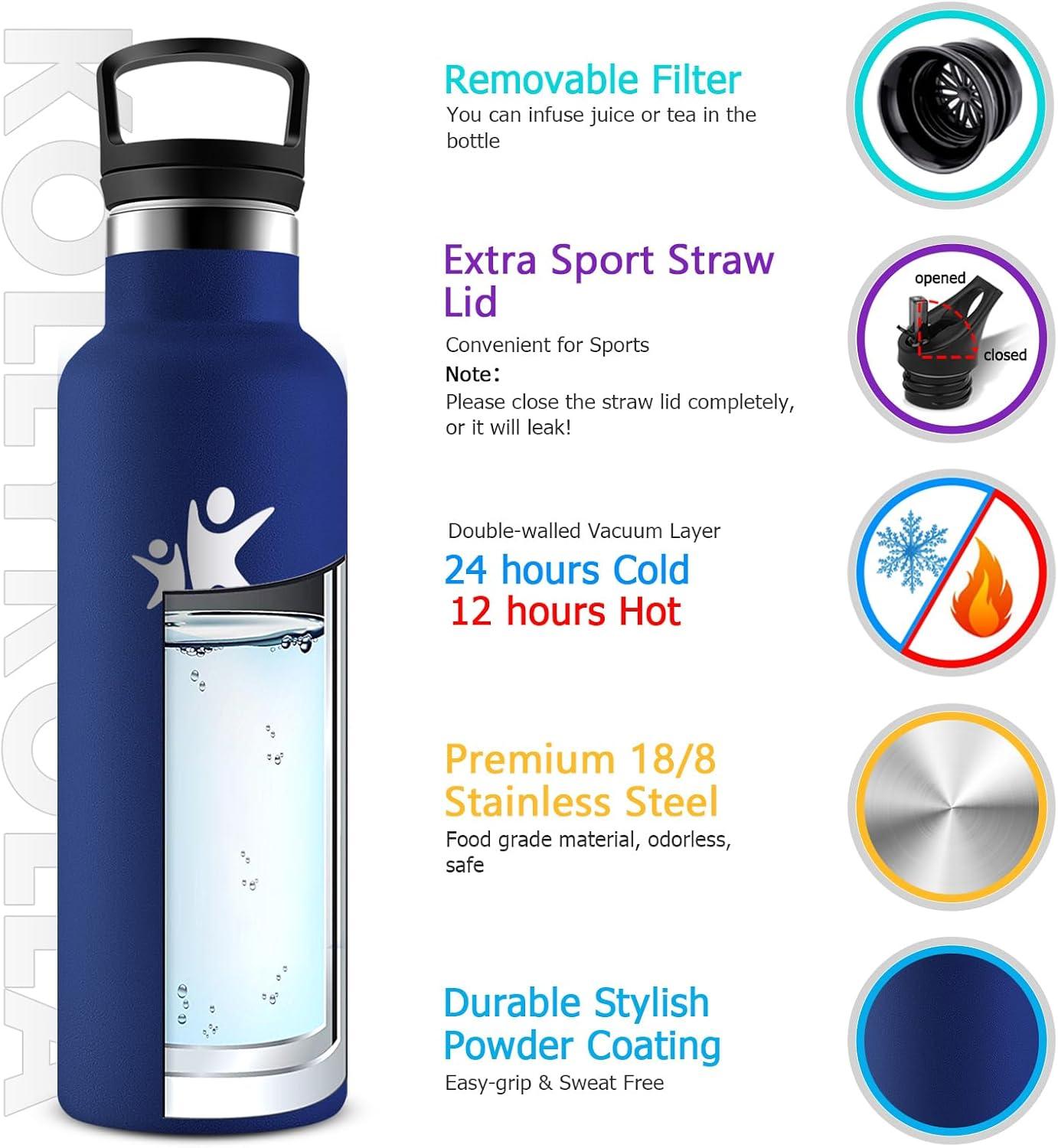 imageKollyKolla Gourde Isotherme 750ml Bouteille Isotherme en Acier Inoxydable Bouteille deau sans BPA Gourde Inox avec Paille Gourde Reutilisable pour lcole Bureau Extrieur Camping YogaKkbleu Fonc