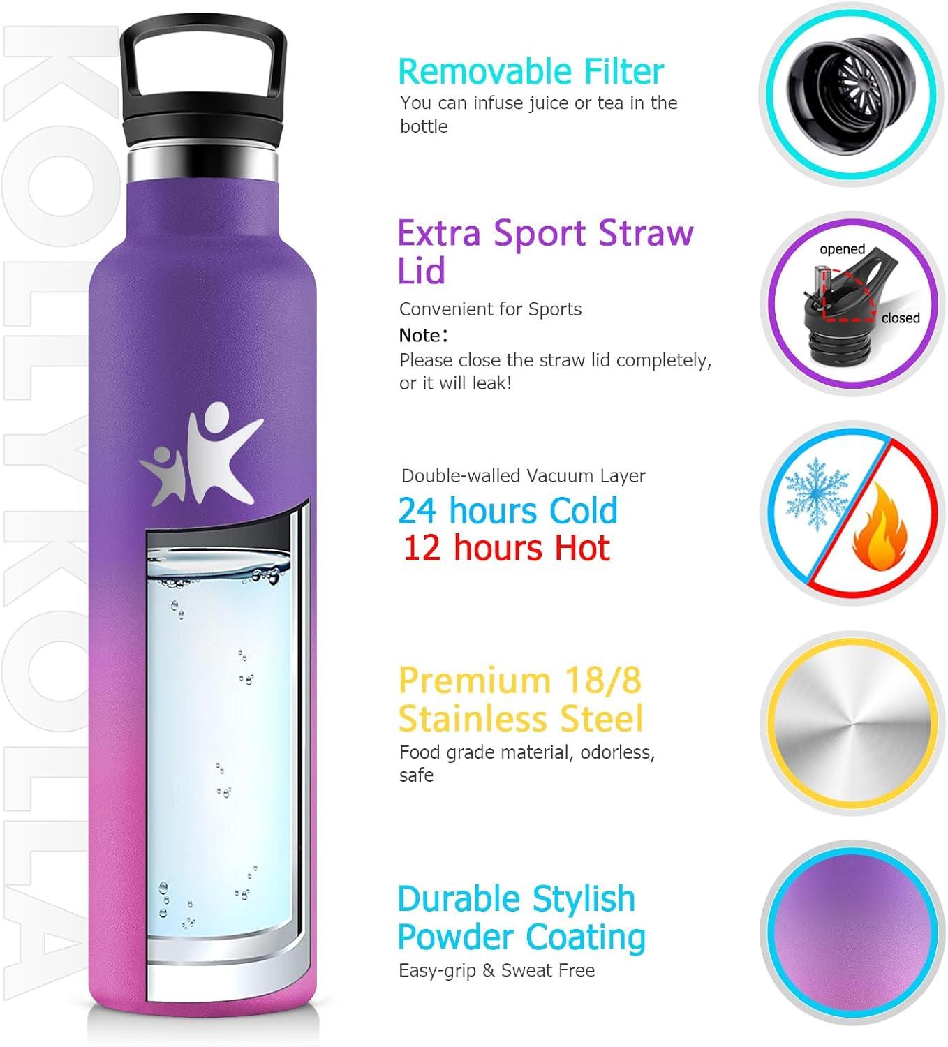 imageKollyKolla Gourde Isotherme 750ml Bouteille Isotherme en Acier Inoxydable Bouteille deau sans BPA Gourde Inox avec Paille Gourde Reutilisable pour lcole Bureau Extrieur Camping YogaKkviolet Fonc Rose Barbie