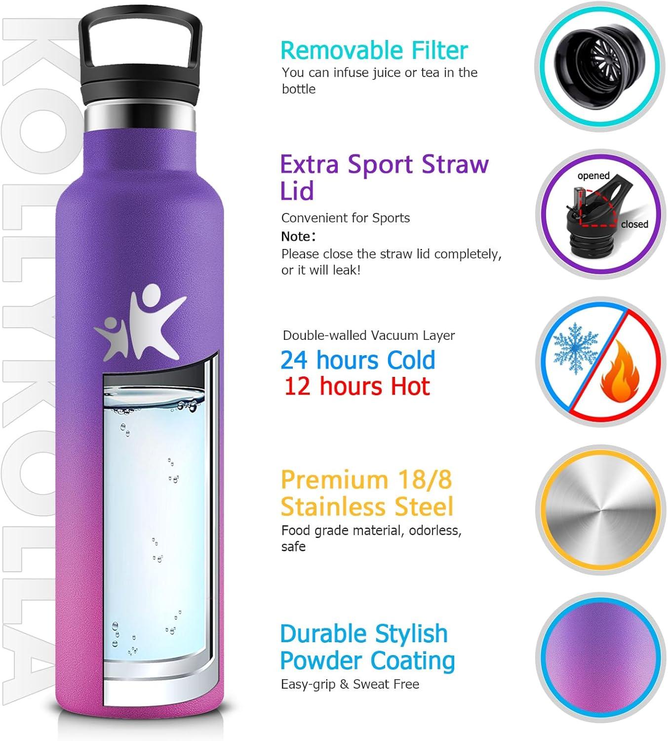 imageKollyKolla Gourde Isotherme 750ml Bouteille Isotherme en Acier Inoxydable Bouteille deau sans BPA Gourde Inox avec Paille Gourde Reutilisable pour lcole Bureau Extrieur Camping YogaKkviolet Fonc Rose Barbie