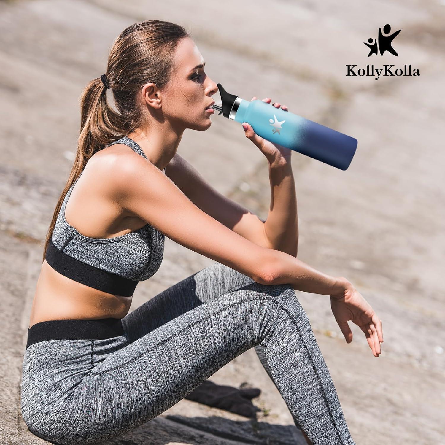 imageKollyKolla Gourde Isotherme 750ml Bouteille Isotherme en Acier Inoxydable Bouteille deau sans BPA Gourde Inox avec Paille Gourde Reutilisable pour lcole Bureau Extrieur Camping YogaKkbleu Bleu Fonc