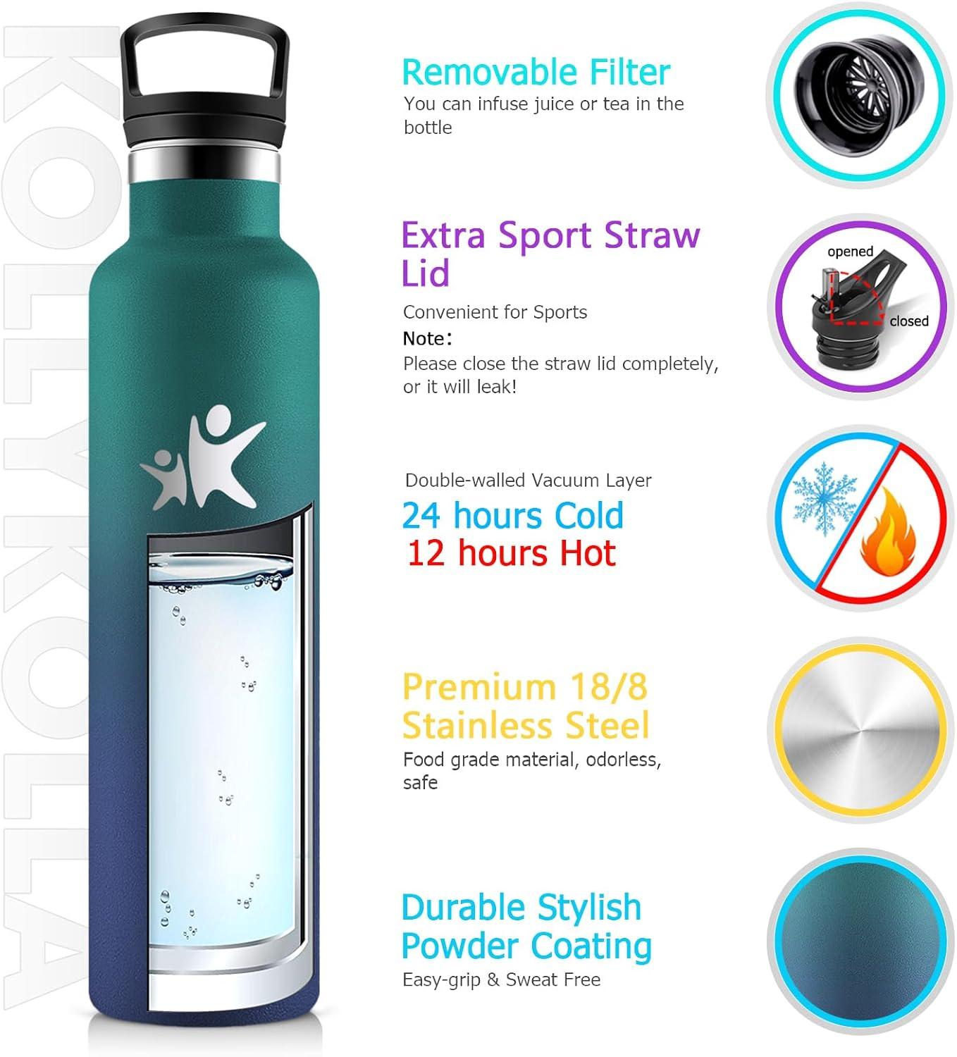 imageKollyKolla Gourde Isotherme 750ml Bouteille Isotherme en Acier Inoxydable Bouteille deau sans BPA Gourde Inox avec Paille Gourde Reutilisable pour lcole Bureau Extrieur Camping YogaKkarme Verte Bleu Fonc