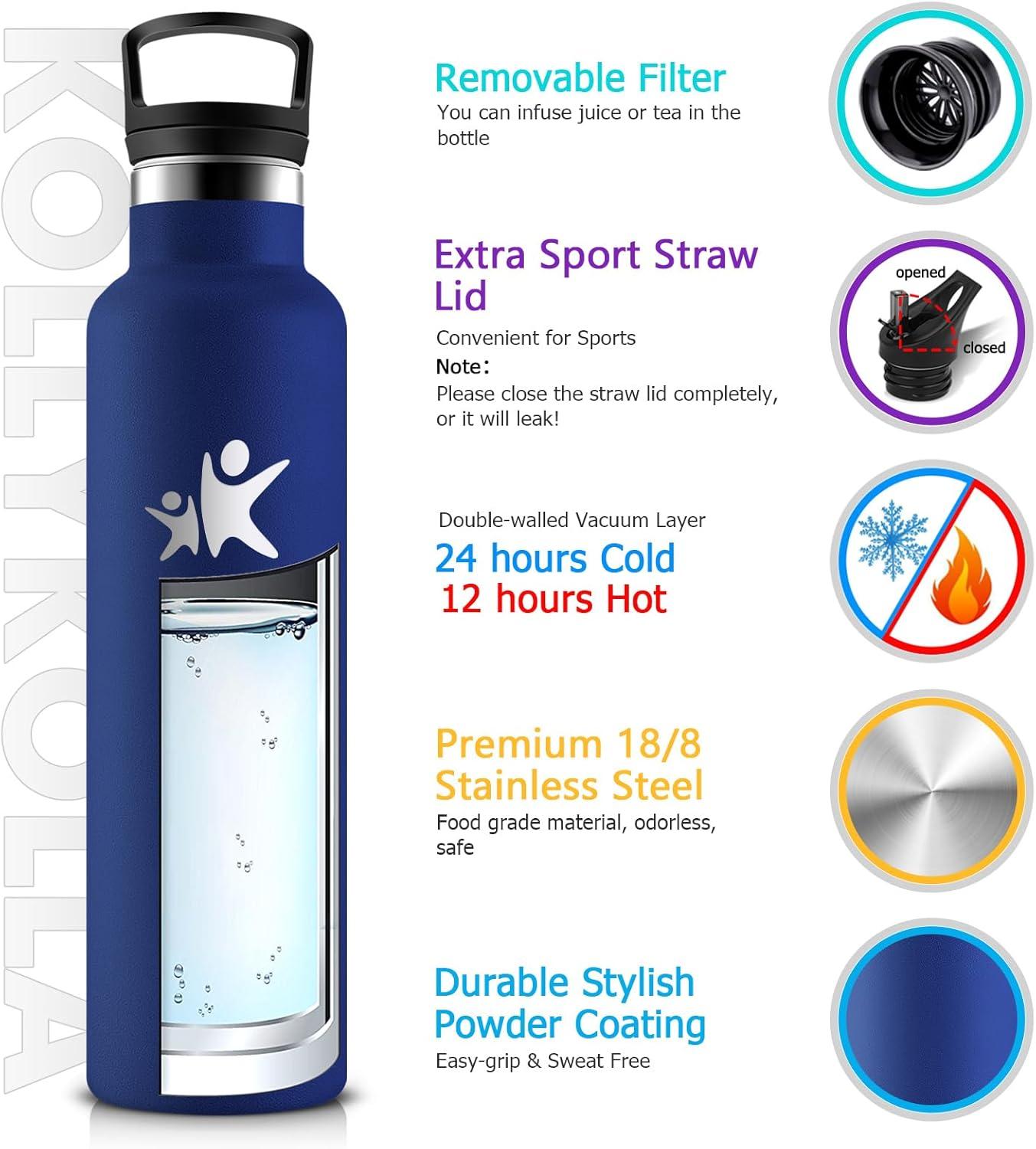 imageKollyKolla Gourde Isotherme 750ml Bouteille Isotherme en Acier Inoxydable Bouteille deau sans BPA Gourde Inox avec Paille Gourde Reutilisable pour lcole Bureau Extrieur Camping YogaKkbleu Fonc