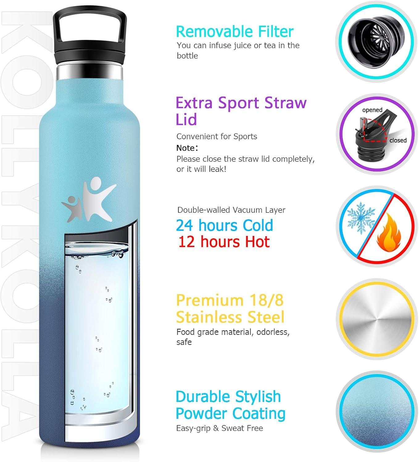 imageKollyKolla Gourde Isotherme 750ml Bouteille Isotherme en Acier Inoxydable Bouteille deau sans BPA Gourde Inox avec Paille Gourde Reutilisable pour lcole Bureau Extrieur Camping YogaKkbleu Bleu Fonc