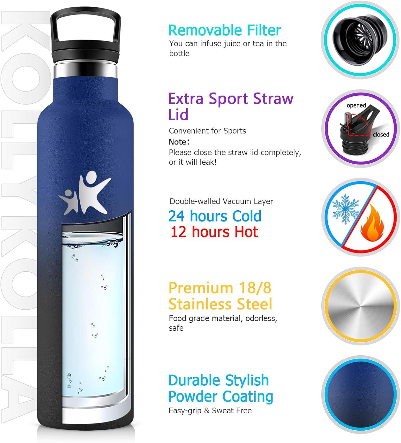 imageKollyKolla Gourde Isotherme 750ml Bouteille Isotherme en Acier Inoxydable Bouteille deau sans BPA Gourde Inox avec Paille Gourde Reutilisable pour lcole Bureau Extrieur Camping YogaKkbleu Fonc Noir