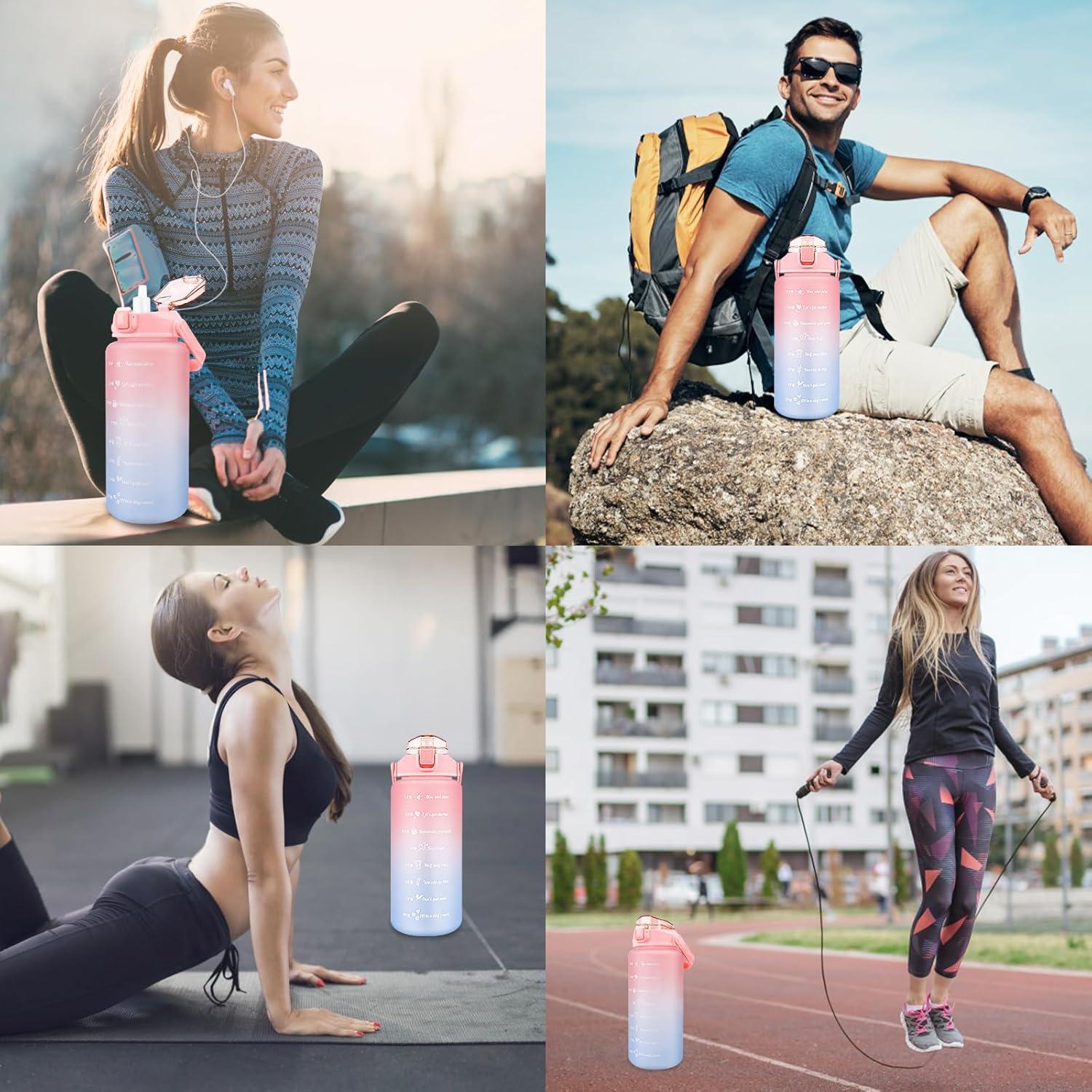 imageMXTIMWAN Bouteille 2000ml Gourde Motivationnelle Sans BPA Bouteille dEau avec Paille et Marqueur de Temps de Motivation pour Sport Fitness Plein Air RandonneRose et Bleu
