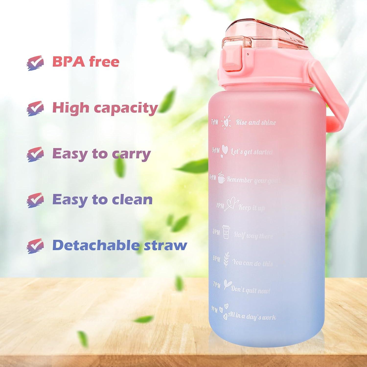 imageMXTIMWAN Bouteille 2000ml Gourde Motivationnelle Sans BPA Bouteille dEau avec Paille et Marqueur de Temps de Motivation pour Sport Fitness Plein Air RandonneRose et Bleu