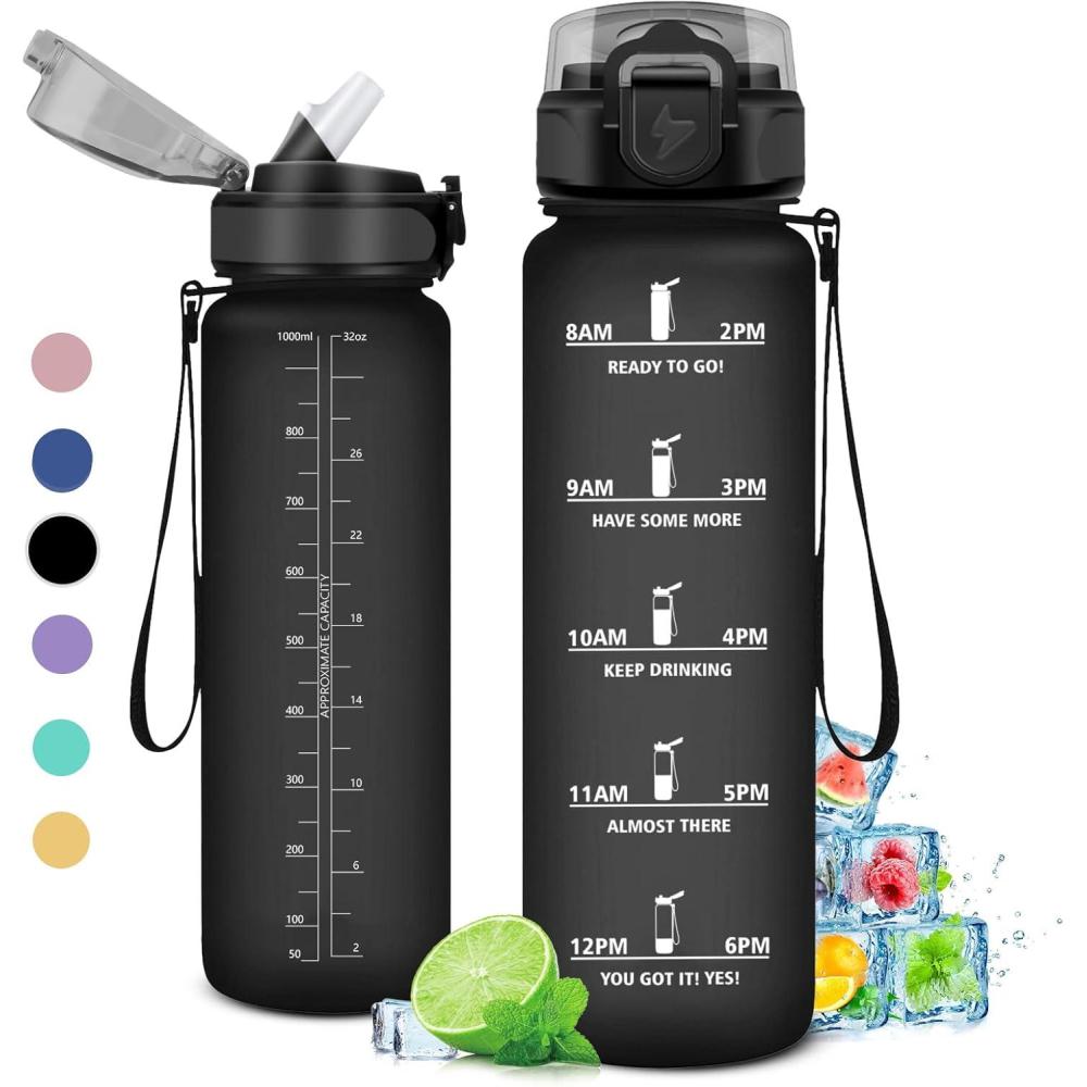 imageGourde 1L Gourde Sport Gourde avec Paille Rutilisable Rutilisable Bouteille deau avec Marqueur de Temps Water Bottle pour Adulte lcole Cyclisme Voyage Camping Fitness Yoga Bureau32oz1000ml Paille Mat Noir