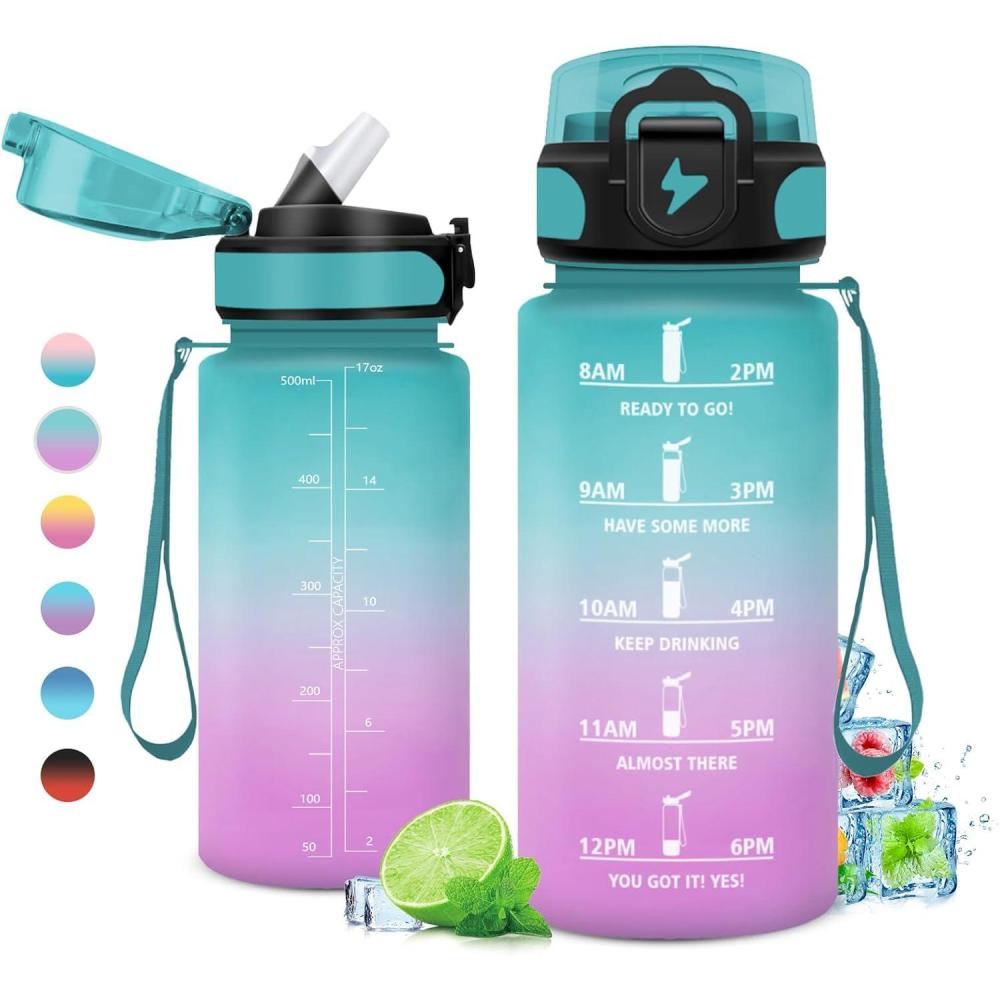 imageGourde 1L Gourde Sport Gourde avec Paille Rutilisable Rutilisable Bouteille deau avec Marqueur de Temps Water Bottle pour Adulte lcole Cyclisme Voyage Camping Fitness Yoga Bureau17oz500ml Paille Vert Rose Clair