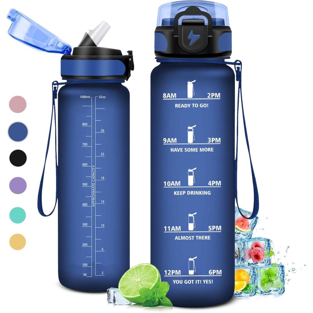 imageGourde 1L Gourde Sport Gourde avec Paille Rutilisable Rutilisable Bouteille deau avec Marqueur de Temps Water Bottle pour Adulte lcole Cyclisme Voyage Camping Fitness Yoga Bureau32oz1000ml Paille Mat Marine Bleu