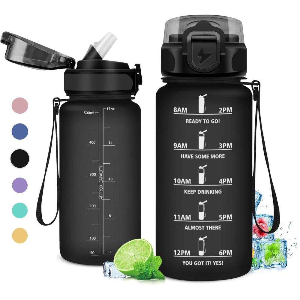 imageGourde 1L Gourde Sport Gourde avec Paille Rutilisable Rutilisable Bouteille deau avec Marqueur de Temps Water Bottle pour Adulte lcole Cyclisme Voyage Camping Fitness Yoga Bureau17oz500ml Paille Mat Noir