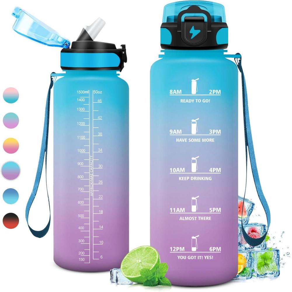 imageGourde 1L Gourde Sport Gourde avec Paille Rutilisable Rutilisable Bouteille deau avec Marqueur de Temps Water Bottle pour Adulte lcole Cyclisme Voyage Camping Fitness Yoga Bureau50oz1500ml Paille Bleu Lilas