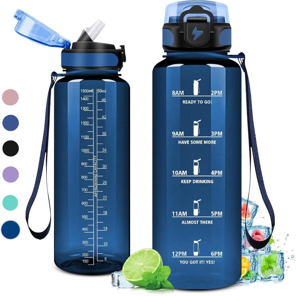 imageGourde 1L Gourde Sport Gourde avec Paille Rutilisable Rutilisable Bouteille deau avec Marqueur de Temps Water Bottle pour Adulte lcole Cyclisme Voyage Camping Fitness Yoga Bureau50oz1500ml Paille Transparent Bleu Fonc