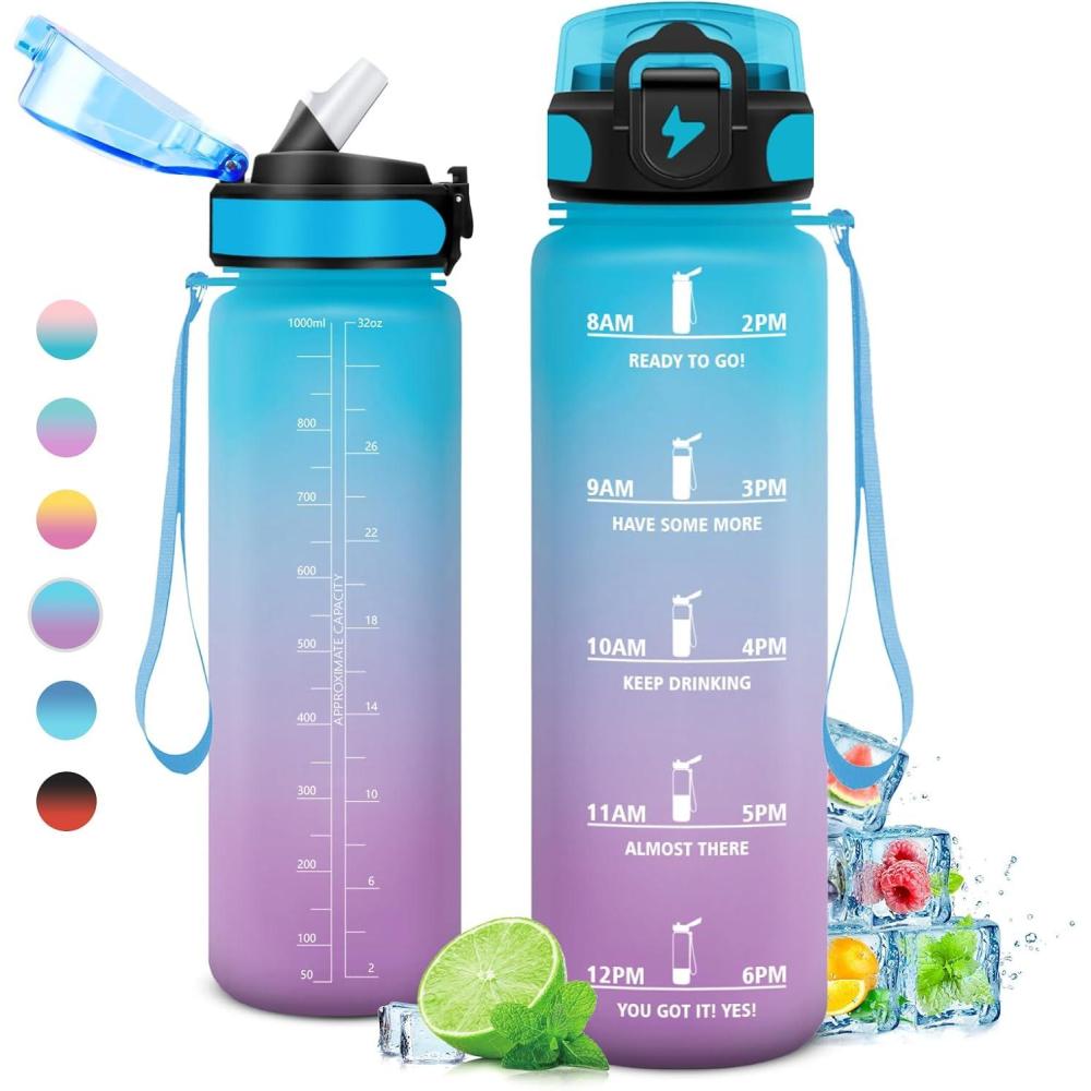 imageGourde 1L Gourde Sport Gourde avec Paille Rutilisable Rutilisable Bouteille deau avec Marqueur de Temps Water Bottle pour Adulte lcole Cyclisme Voyage Camping Fitness Yoga Bureau32oz1000ml Paille Bleu Lilas