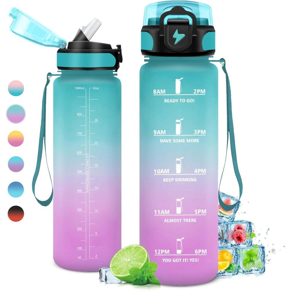 imageGourde 1L Gourde Sport Gourde avec Paille Rutilisable Rutilisable Bouteille deau avec Marqueur de Temps Water Bottle pour Adulte lcole Cyclisme Voyage Camping Fitness Yoga Bureau32oz1000ml Paille Vert Rose Clair