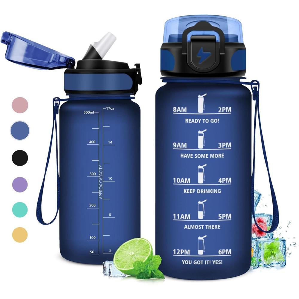imageGourde 1L Gourde Sport Gourde avec Paille Rutilisable Rutilisable Bouteille deau avec Marqueur de Temps Water Bottle pour Adulte lcole Cyclisme Voyage Camping Fitness Yoga Bureau17oz500ml Paille Mat Marine Bleu