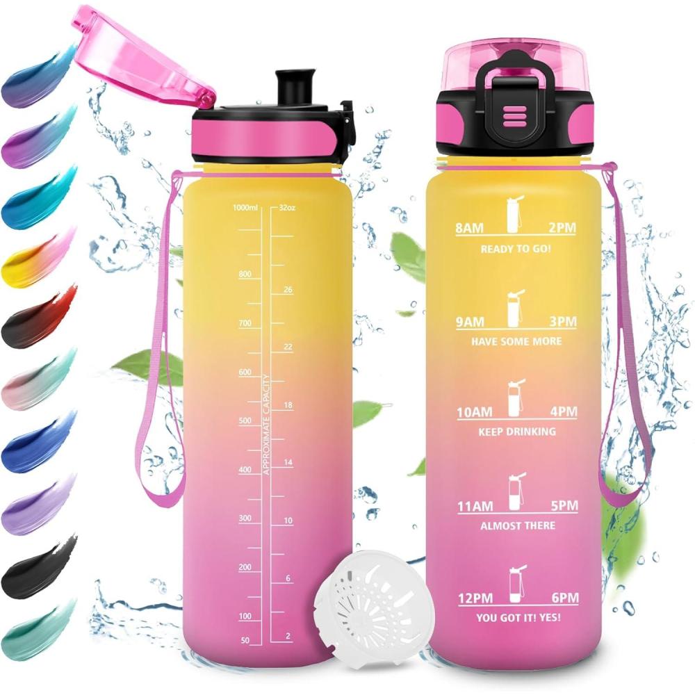 imageGourde Enfant 500ml Gourde Motivation tanche et Rutilisable Bouteille deau avec Marqueur de Temps et Filtre Bouteille pour Enfant Sport Sport de Plein air Yoga Bureau Gym lcole32oz1000ml Jaune Rose