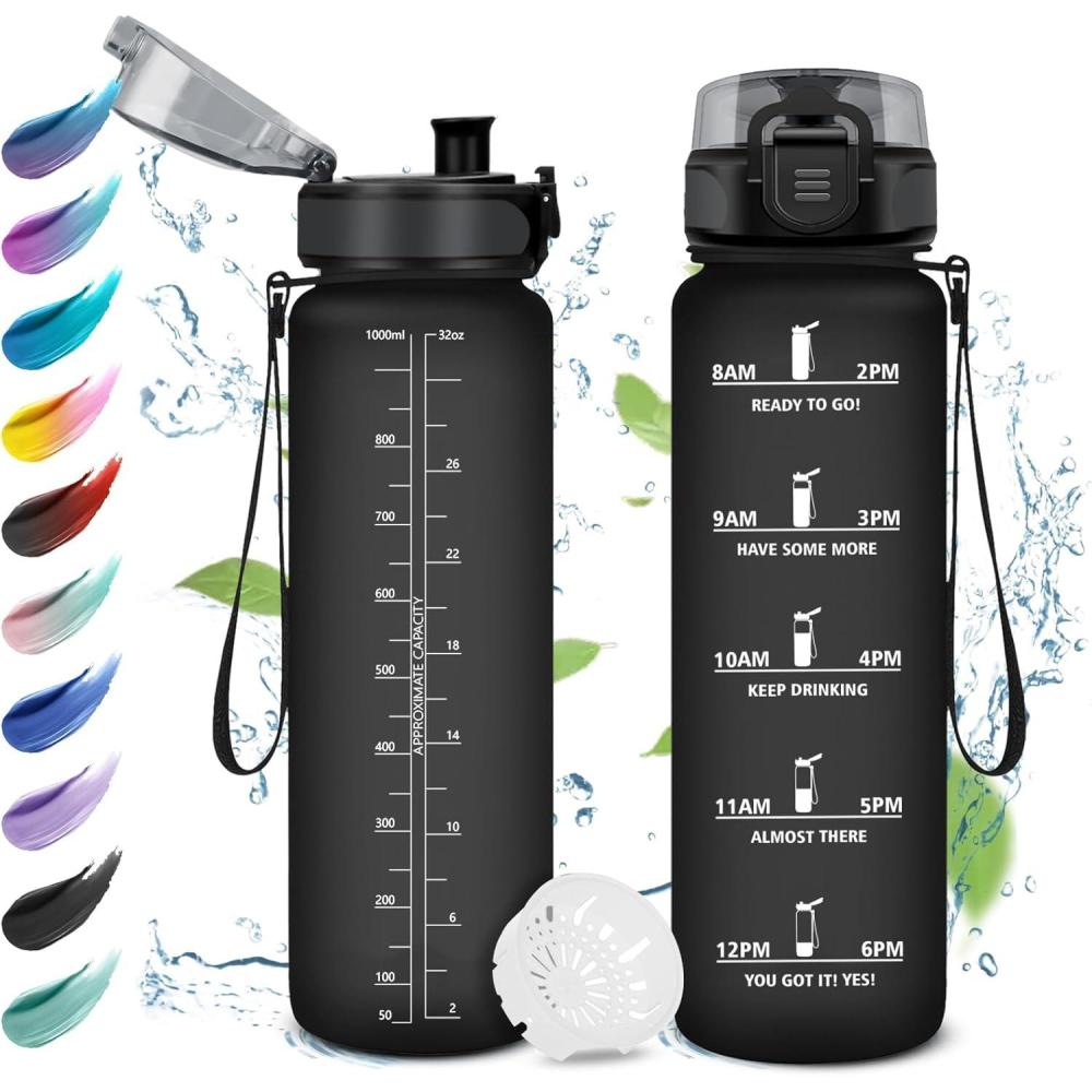 imageGourde Enfant 500ml Gourde Motivation tanche et Rutilisable Bouteille deau avec Marqueur de Temps et Filtre Bouteille pour Enfant Sport Sport de Plein air Yoga Bureau Gym lcole32oz1000ml Mat Noir