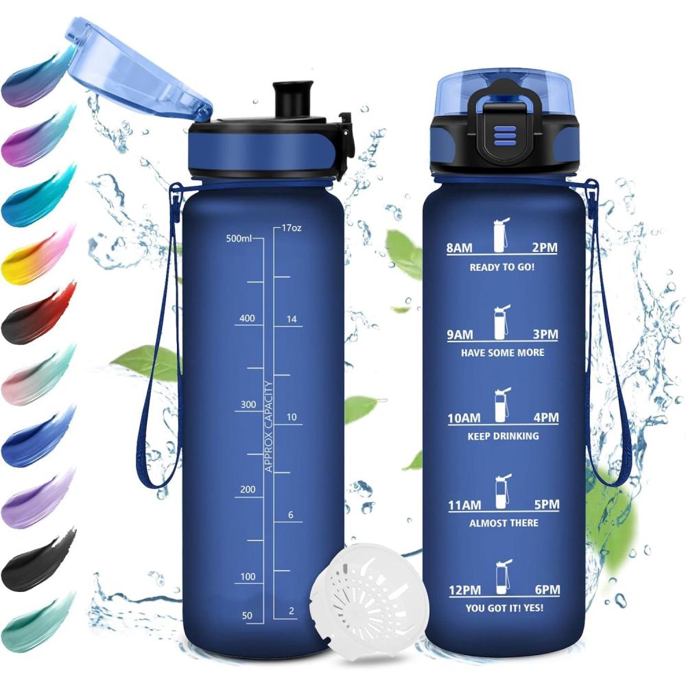 imageGourde Enfant 500ml Gourde Motivation tanche et Rutilisable Bouteille deau avec Marqueur de Temps et Filtre Bouteille pour Enfant Sport Sport de Plein air Yoga Bureau Gym lcole17oz500ml Mat Marine Bleu