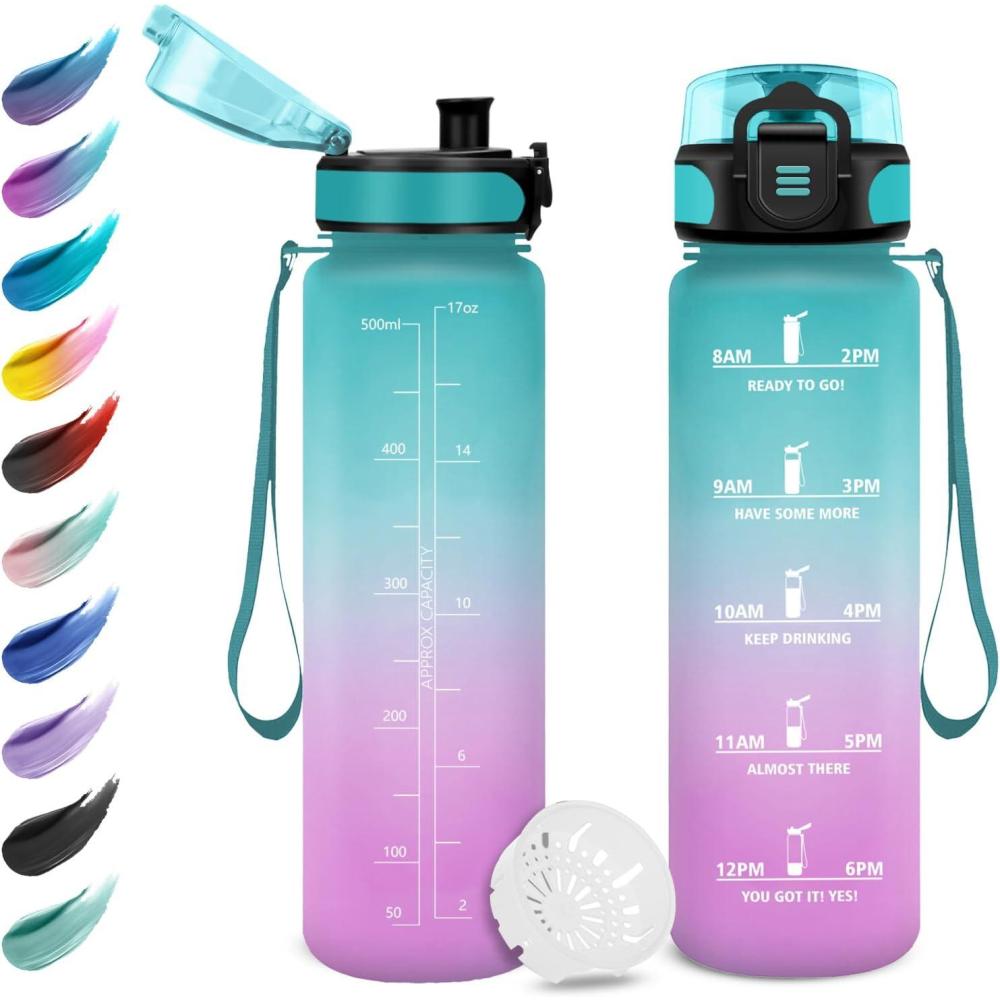 imageGourde Enfant 500ml Gourde Motivation tanche et Rutilisable Bouteille deau avec Marqueur de Temps et Filtre Bouteille pour Enfant Sport Sport de Plein air Yoga Bureau Gym lcole17oz500ml Vert Rose Clair