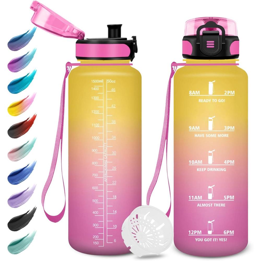 imageGourde Enfant 500ml Gourde Motivation tanche et Rutilisable Bouteille deau avec Marqueur de Temps et Filtre Bouteille pour Enfant Sport Sport de Plein air Yoga Bureau Gym lcole50oz1500ml Jaune Rose