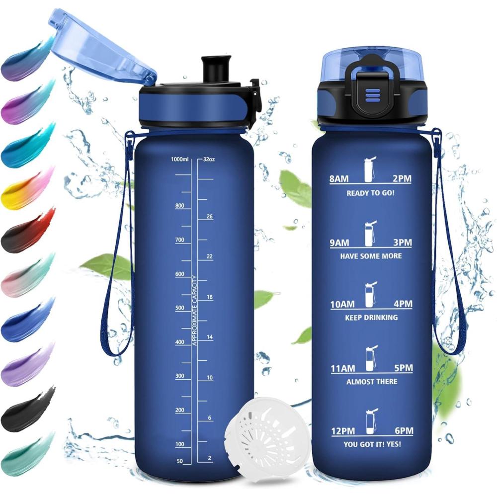 imageGourde Enfant 500ml Gourde Motivation tanche et Rutilisable Bouteille deau avec Marqueur de Temps et Filtre Bouteille pour Enfant Sport Sport de Plein air Yoga Bureau Gym lcole32oz1000ml Mat Marine Bleu