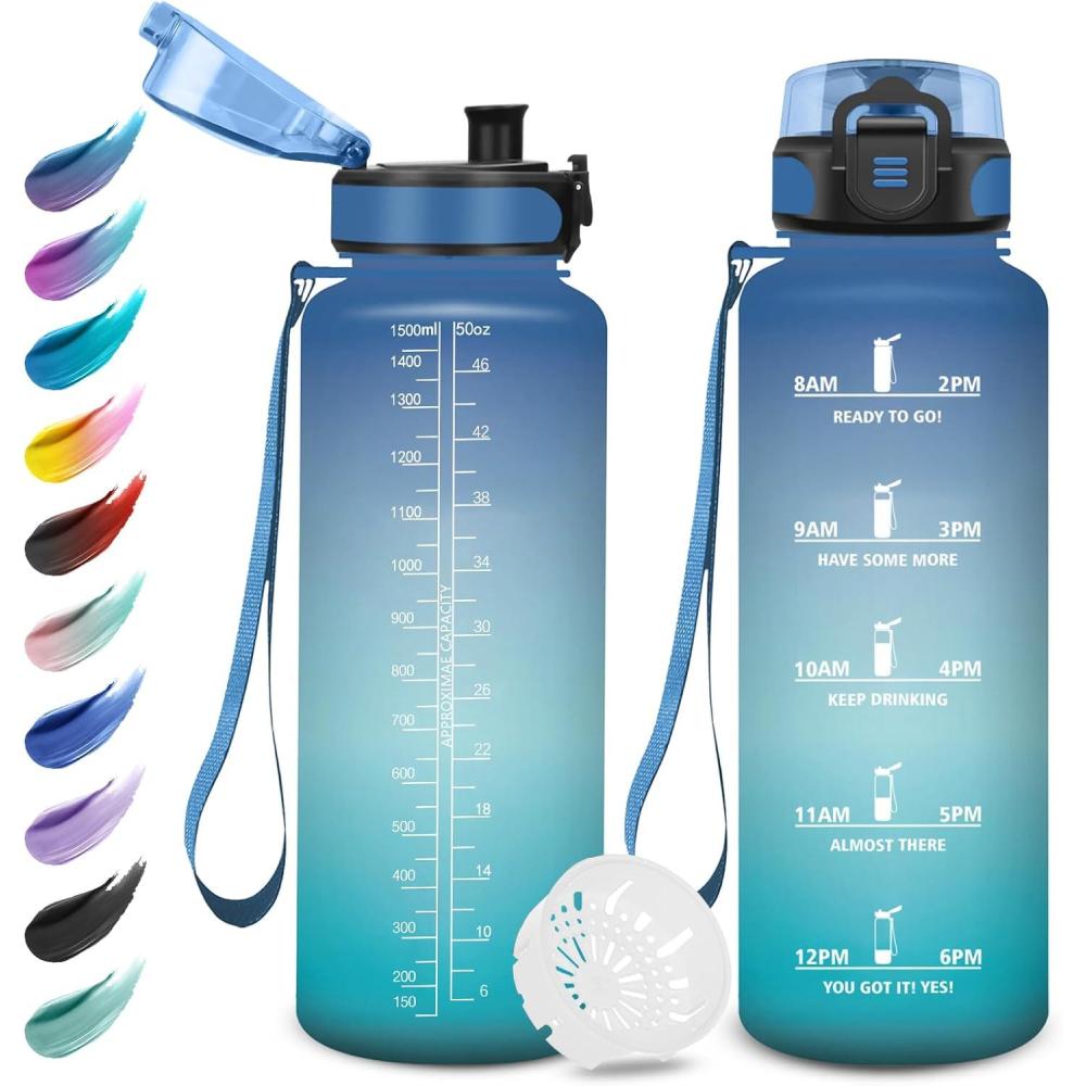 imageGourde Enfant 500ml Gourde Motivation tanche et Rutilisable Bouteille deau avec Marqueur de Temps et Filtre Bouteille pour Enfant Sport Sport de Plein air Yoga Bureau Gym lcole50oz1500ml Bleu Vert