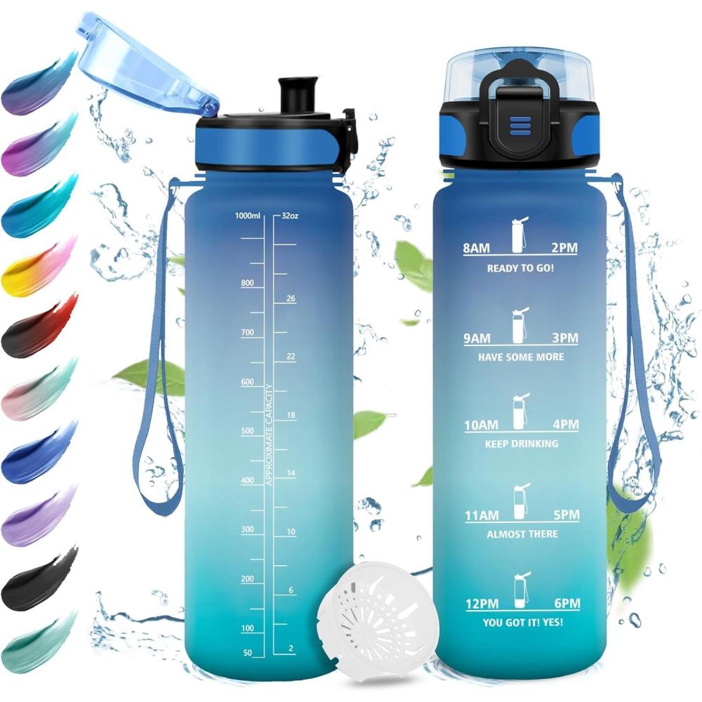 imageGourde Enfant 500ml Gourde Motivation tanche et Rutilisable Bouteille deau avec Marqueur de Temps et Filtre Bouteille pour Enfant Sport Sport de Plein air Yoga Bureau Gym lcole32oz1000ml Bleu Vert