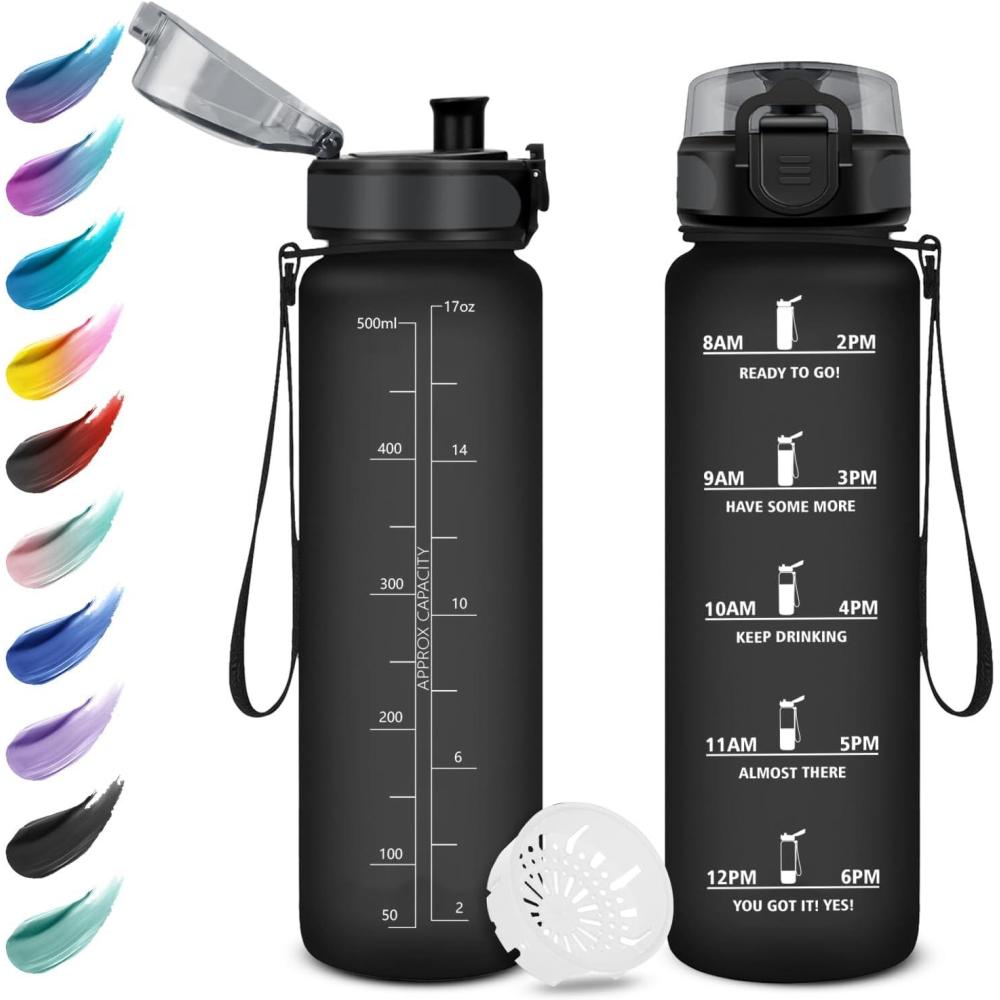 imageGourde Enfant 500ml Gourde Motivation tanche et Rutilisable Bouteille deau avec Marqueur de Temps et Filtre Bouteille pour Enfant Sport Sport de Plein air Yoga Bureau Gym lcole17oz500ml Mat Noir