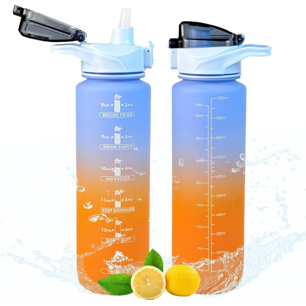 imageGourde Sport 1L avec Paille Gourde Motivation avec Marqueur de Temps tanche Rutilisable Bouteille deau 1L pour Adulte et EnfantWater Bottle sans BPA pour CyclismeFitnessBureau Rose BleuBleu Orange
