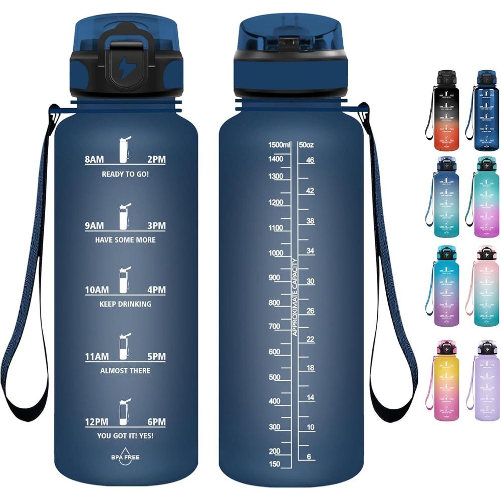 imageGrsta Gourde 15l Gourde Motivation Avec Paille sans BPA Gourde Sport Bouteille deau avec Marqueur de Temps pour le Camping la randonne Noir RougeBleu Marinem