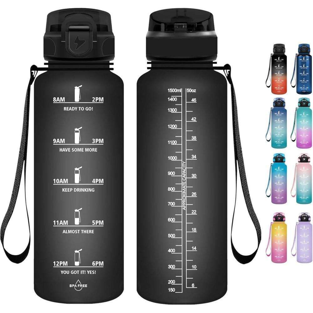 imageGrsta Gourde 15l Gourde Motivation Avec Paille sans BPA Gourde Sport Bouteille deau avec Marqueur de Temps pour le Camping la randonne Noir RougeNoir