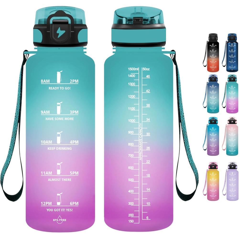 imageGrsta Gourde 15l Gourde Motivation Avec Paille sans BPA Gourde Sport Bouteille deau avec Marqueur de Temps pour le Camping la randonne Noir RougePoudre Verte