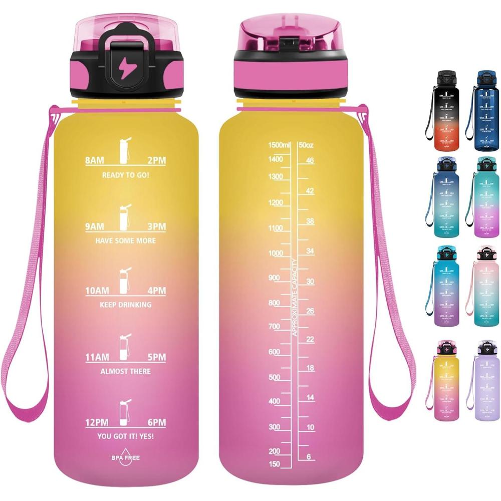 imageGrsta Gourde 15l Gourde Motivation Avec Paille sans BPA Gourde Sport Bouteille deau avec Marqueur de Temps pour le Camping la randonne Noir RougeRose Jaune
