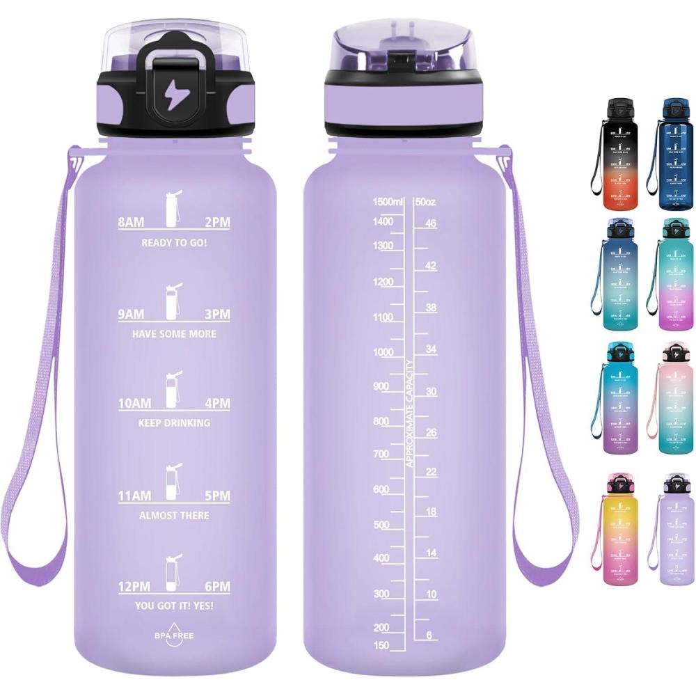 imageGrsta Gourde 15l Gourde Motivation Avec Paille sans BPA Gourde Sport Bouteille deau avec Marqueur de Temps pour le Camping la randonne Noir RougeViolet