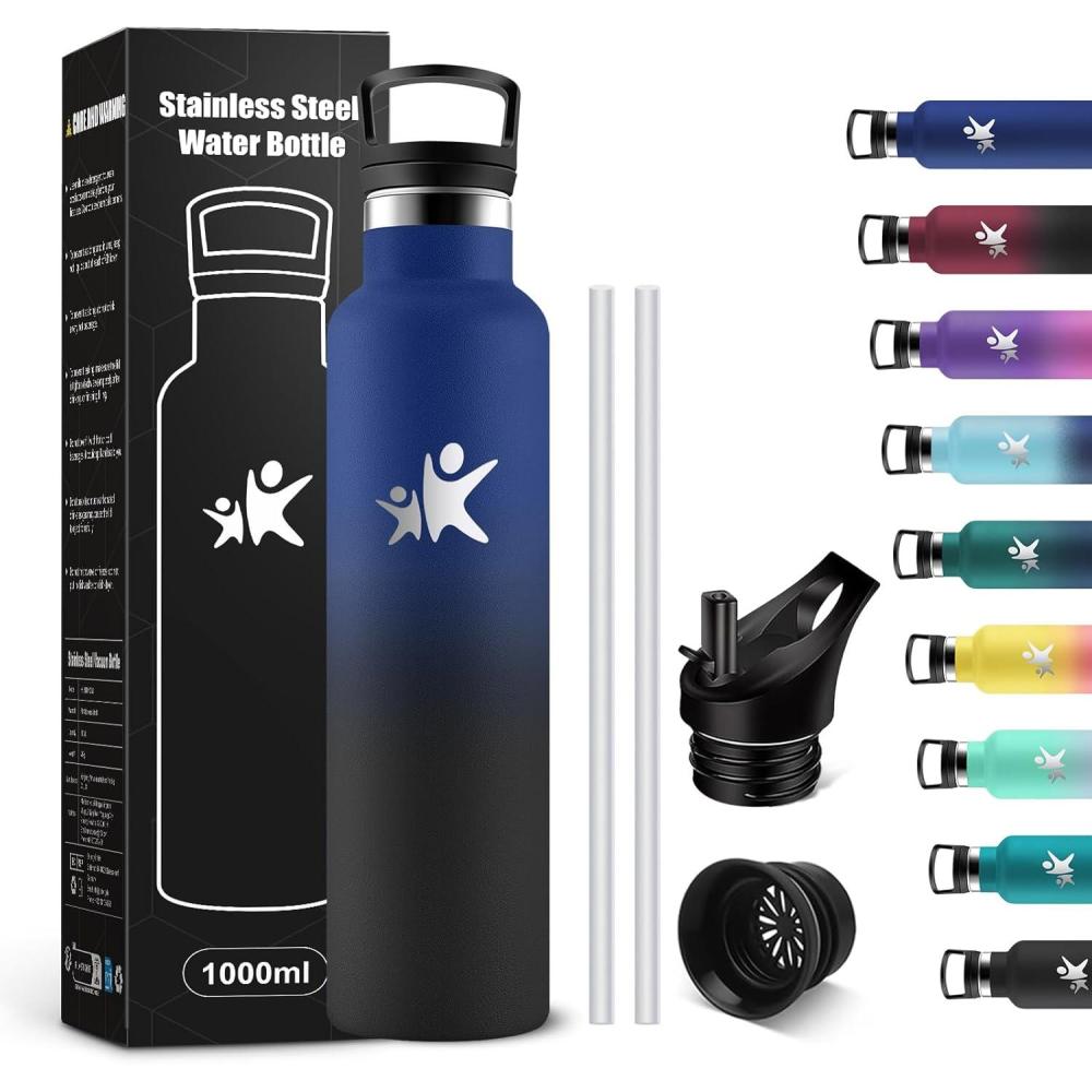 imageKollyKolla Gourde Isotherme 750ml Bouteille Isotherme en Acier Inoxydable Bouteille deau sans BPA Gourde Inox avec Paille Gourde Reutilisable pour lcole Bureau Extrieur Camping YogaKkbleu Fonc Noir