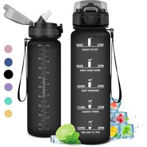 Gourde 1L, Gourde Sport, Gourde avec Paille Réutilisable Réutilisable, Bouteille d&rsquo;eau avec Marqueur de Temps, Water Bottle pour Adulte, l&rsquo;école, Cyclisme, Voyage, Camping, Fitness, Yoga, Bureau(32oz-1000ml | Paille | Mat Noir)