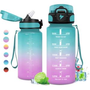 Gourde 1L, Gourde Sport, Gourde avec Paille Réutilisable Réutilisable, Bouteille d&rsquo;eau avec Marqueur de Temps, Water Bottle pour Adulte, l&rsquo;école, Cyclisme, Voyage, Camping, Fitness, Yoga, Bureau(17oz-500ml | Paille | Vert + Rose Clair)