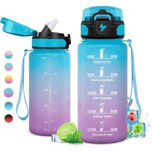Gourde 1L, Gourde Sport, Gourde avec Paille Réutilisable Réutilisable, Bouteille d&rsquo;eau avec Marqueur de Temps, Water Bottle pour Adulte, l&rsquo;école, Cyclisme, Voyage, Camping, Fitness, Yoga, Bureau(17oz-500ml | Paille | Bleu + Lilas)