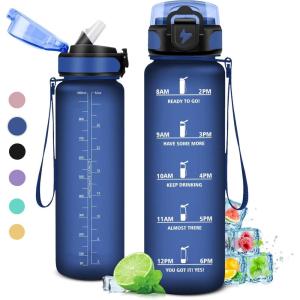 Gourde 1L, Gourde Sport, Gourde avec Paille Réutilisable Réutilisable, Bouteille d&rsquo;eau avec Marqueur de Temps, Water Bottle pour Adulte, l&rsquo;école, Cyclisme, Voyage, Camping, Fitness, Yoga, Bureau(32oz-1000ml | Paille | Mat Marine Bleu)