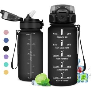 Gourde 1L, Gourde Sport, Gourde avec Paille Réutilisable Réutilisable, Bouteille d&rsquo;eau avec Marqueur de Temps, Water Bottle pour Adulte, l&rsquo;école, Cyclisme, Voyage, Camping, Fitness, Yoga, Bureau(17oz-500ml | Paille | Mat Noir)