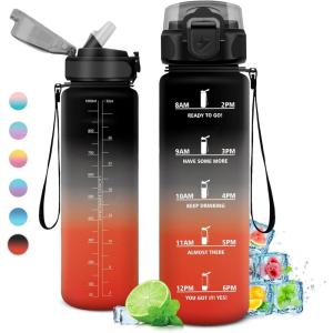 Gourde 1L, Gourde Sport, Gourde avec Paille Réutilisable Réutilisable, Bouteille d&rsquo;eau avec Marqueur de Temps, Water Bottle pour Adulte, l&rsquo;école, Cyclisme, Voyage, Camping, Fitness, Yoga, Bureau(32oz-1000ml | Paille | Noir + Rouge)
