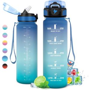 Gourde 1L, Gourde Sport, Gourde avec Paille Réutilisable Réutilisable, Bouteille d&rsquo;eau avec Marqueur de Temps, Water Bottle pour Adulte, l&rsquo;école, Cyclisme, Voyage, Camping, Fitness, Yoga, Bureau(32oz-1000ml | Paille | Bleu + Vert)