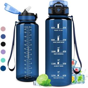 Gourde 1L, Gourde Sport, Gourde avec Paille Réutilisable Réutilisable, Bouteille d&rsquo;eau avec Marqueur de Temps, Water Bottle pour Adulte, l&rsquo;école, Cyclisme, Voyage, Camping, Fitness, Yoga, Bureau(50oz-1500ml | Paille | Transparent Bleu Foncé)