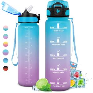 Gourde 1L, Gourde Sport, Gourde avec Paille Réutilisable Réutilisable, Bouteille d&rsquo;eau avec Marqueur de Temps, Water Bottle pour Adulte, l&rsquo;école, Cyclisme, Voyage, Camping, Fitness, Yoga, Bureau(32oz-1000ml | Paille | Bleu + Lilas)