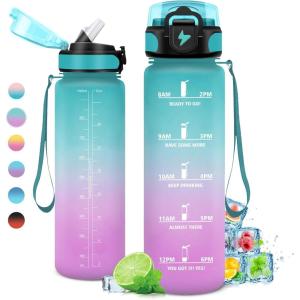 Gourde 1L, Gourde Sport, Gourde avec Paille Réutilisable Réutilisable, Bouteille d&rsquo;eau avec Marqueur de Temps, Water Bottle pour Adulte, l&rsquo;école, Cyclisme, Voyage, Camping, Fitness, Yoga, Bureau(32oz-1000ml | Paille | Vert + Rose Clair)