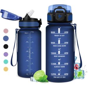 Gourde 1L, Gourde Sport, Gourde avec Paille Réutilisable Réutilisable, Bouteille d&rsquo;eau avec Marqueur de Temps, Water Bottle pour Adulte, l&rsquo;école, Cyclisme, Voyage, Camping, Fitness, Yoga, Bureau(17oz-500ml | Paille | Mat Marine Bleu)